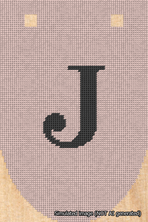 A simulated image of the stitched needlepoint design: Banner 18m Rounded J Black on Pink. Not A.I. generated.