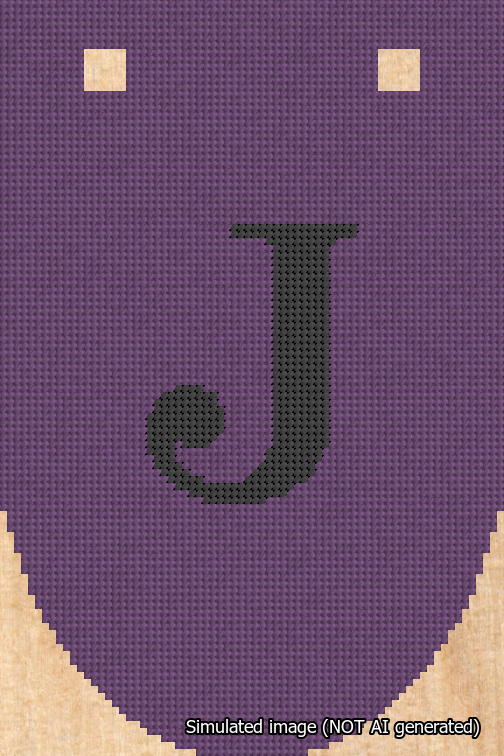 A simulated image of the stitched needlepoint design: Banner 18m Rounded J Black on Purple. Not A.I. generated.