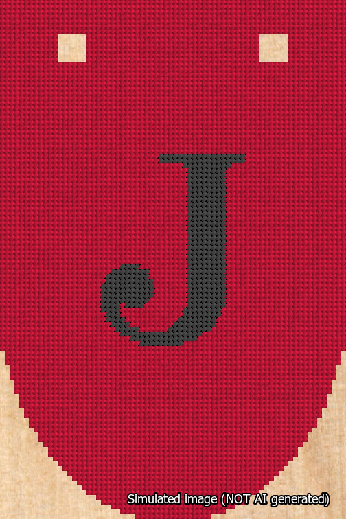 A simulated image of the stitched needlepoint design: Banner 18m Rounded J Black on Red. Not A.I. generated.