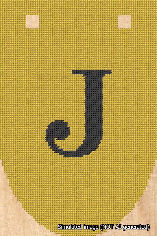 A simulated image of the stitched needlepoint design: Banner 18m Rounded J Black on Yellow. Not A.I. generated.
