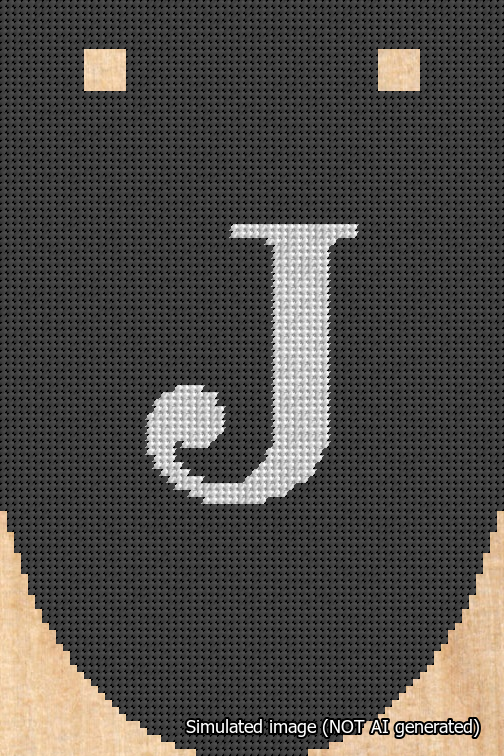 A simulated image of the stitched needlepoint design: Banner 18m Rounded J White on Black. Not A.I. generated.