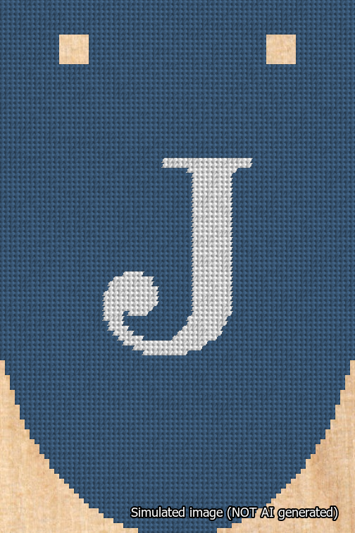 A simulated image of the stitched needlepoint design: Banner 18m Rounded J White on Blue. Not A.I. generated.