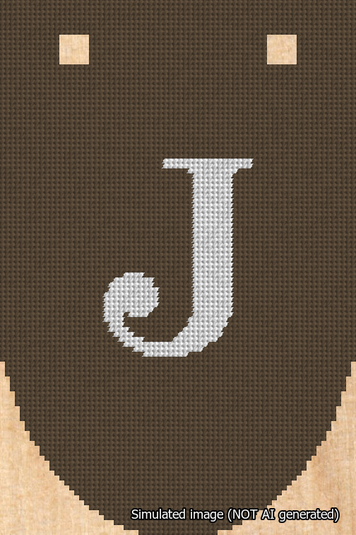 A simulated image of the stitched needlepoint design: Banner 18m Rounded J White on Brown. Not A.I. generated.