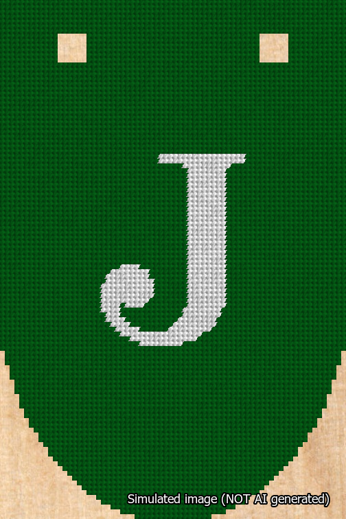 A simulated image of the stitched needlepoint design: Banner 18m Rounded J White on Green. Not A.I. generated.