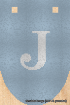 A simulated image of the stitched needlepoint design: Banner 18m Rounded J White on Light Blue. Not A.I. generated.