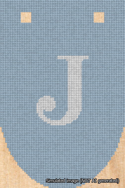 A simulated image of the stitched needlepoint design: Banner 18m Rounded J White on Light Blue. Not A.I. generated.