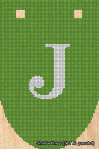 A simulated image of the stitched needlepoint design: Banner 18m Rounded J White on Light Green. Not A.I. generated.