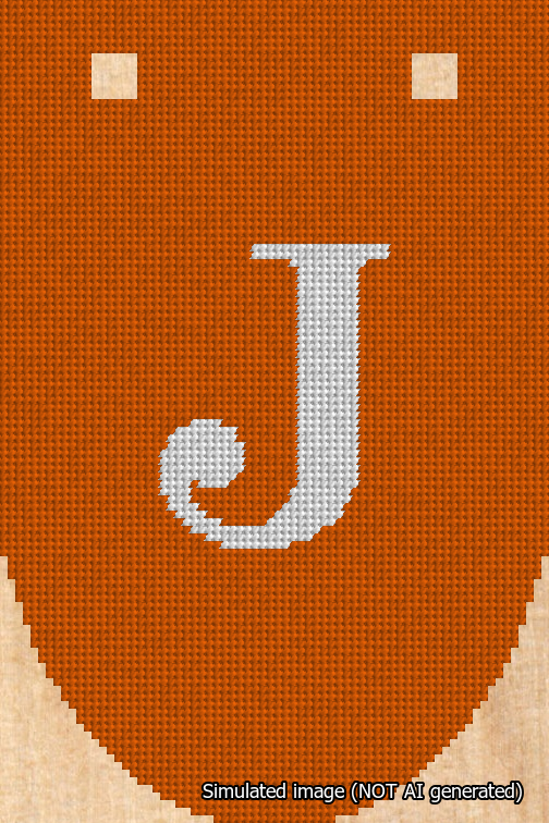 A simulated image of the stitched needlepoint design: Banner 18m Rounded J White on Orange. Not A.I. generated.
