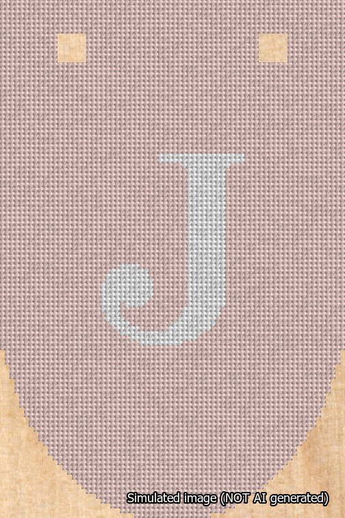 A simulated image of the stitched needlepoint design: Banner 18m Rounded J White on Pink. Not A.I. generated.
