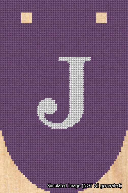 A simulated image of the stitched needlepoint design: Banner 18m Rounded J White on Purple. Not A.I. generated.