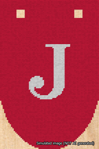 A simulated image of the stitched needlepoint design: Banner 18m Rounded J White on Red. Not A.I. generated.