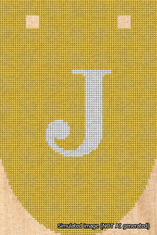 A simulated image of the stitched needlepoint design: Banner 18m Rounded J White on Yellow. Not A.I. generated.