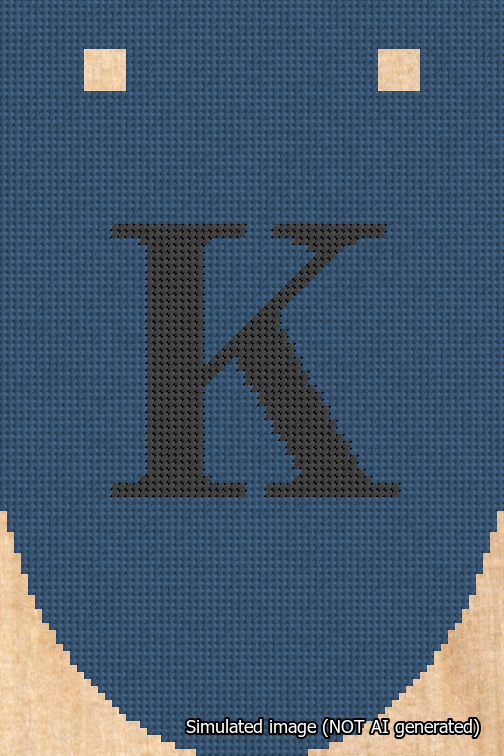 A simulated image of the stitched needlepoint design: Banner 18m Rounded K Black on Blue. Not A.I. generated.