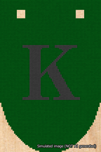 A simulated image of the stitched needlepoint design: Banner 18m Rounded K Black on Green. Not A.I. generated.