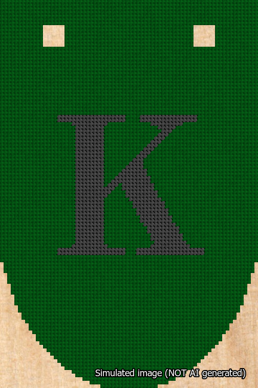 A simulated image of the stitched needlepoint design: Banner 18m Rounded K Black on Green. Not A.I. generated.