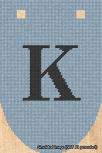 A simulated image of the stitched needlepoint design: Banner 18m Rounded K Black on Light Blue. Not A.I. generated.