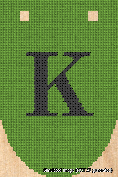 A simulated image of the stitched needlepoint design: Banner 18m Rounded K Black on Light Green. Not A.I. generated.