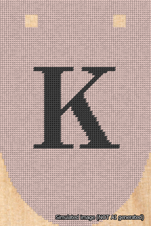 A simulated image of the stitched needlepoint design: Banner 18m Rounded K Black on Pink. Not A.I. generated.