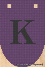 A simulated image of the stitched needlepoint design: Banner 18m Rounded K Black on Purple. Not A.I. generated.