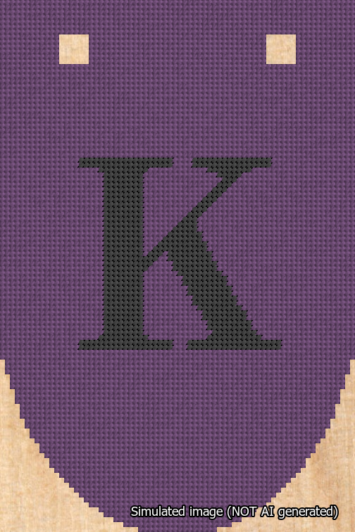 A simulated image of the stitched needlepoint design: Banner 18m Rounded K Black on Purple. Not A.I. generated.