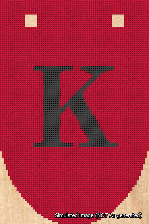 A simulated image of the stitched needlepoint design: Banner 18m Rounded K Black on Red. Not A.I. generated.