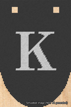 A simulated image of the stitched needlepoint design: Banner 18m Rounded K White on Black. Not A.I. generated.