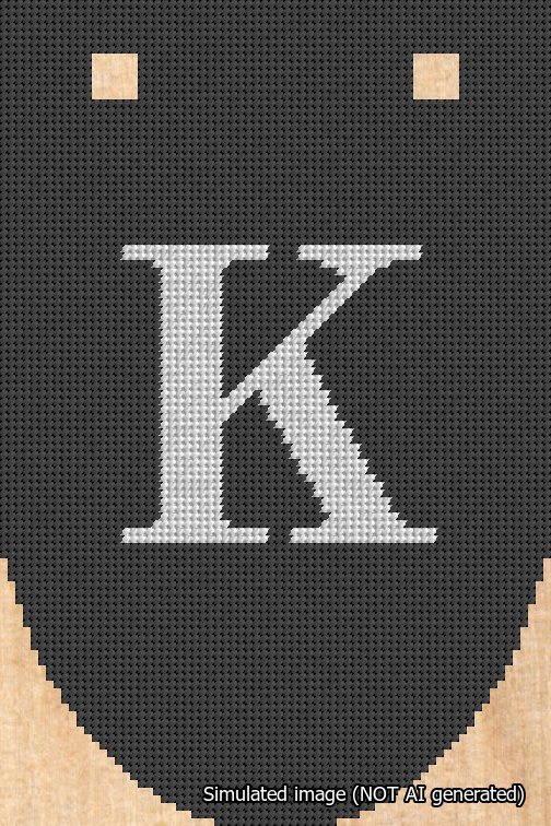 A simulated image of the stitched needlepoint design: Banner 18m Rounded K White on Black. Not A.I. generated.