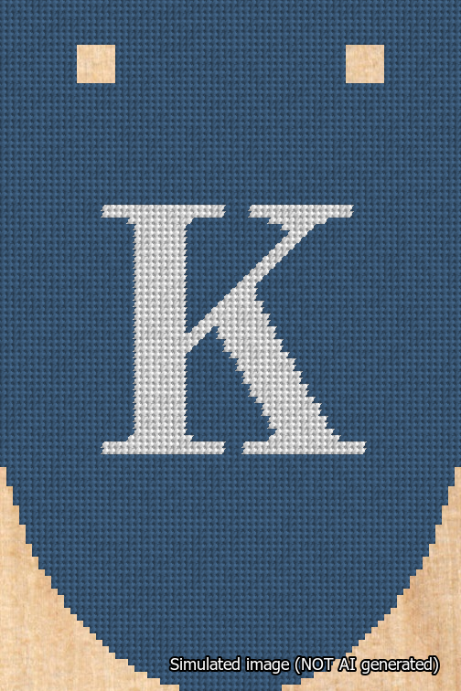 A simulated image of the stitched needlepoint design: Banner 18m Rounded K White on Blue. Not A.I. generated.