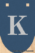 A simulated image of the stitched needlepoint design: Banner 18m Rounded K White on Blue. Not A.I. generated.