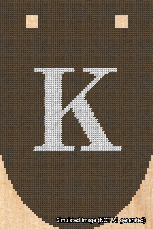 A simulated image of the stitched needlepoint design: Banner 18m Rounded K White on Brown. Not A.I. generated.