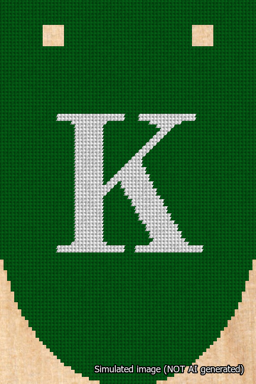 A simulated image of the stitched needlepoint design: Banner 18m Rounded K White on Green. Not A.I. generated.