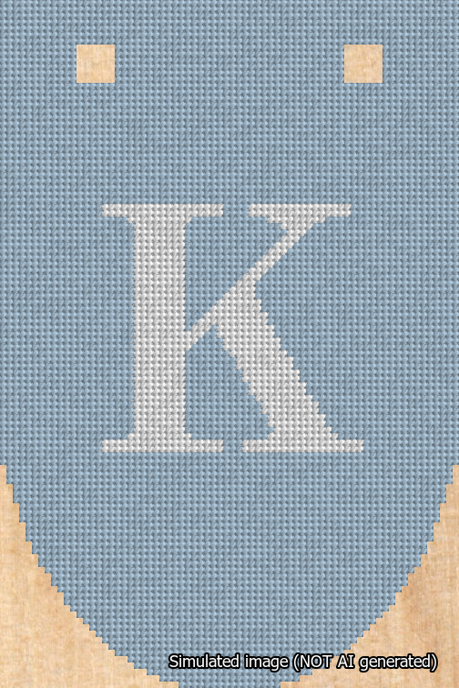 A simulated image of the stitched needlepoint design: Banner 18m Rounded K White on Light Blue. Not A.I. generated.