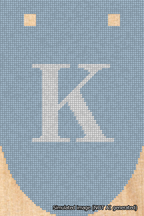 A simulated image of the stitched needlepoint design: Banner 18m Rounded K White on Light Blue. Not A.I. generated.