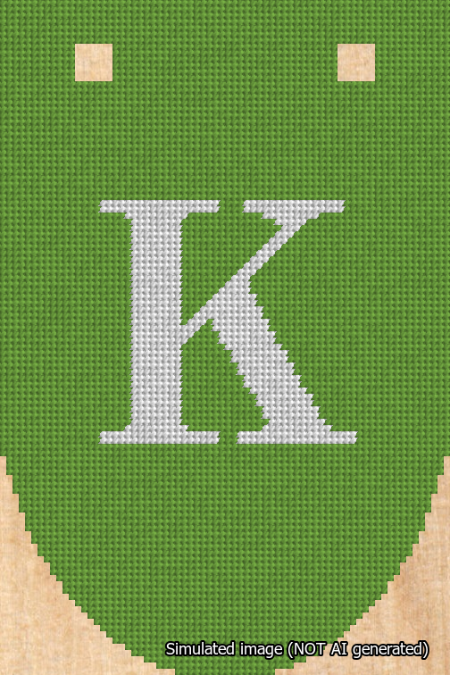 A simulated image of the stitched needlepoint design: Banner 18m Rounded K White on Light Green. Not A.I. generated.