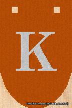 A simulated image of the stitched needlepoint design: Banner 18m Rounded K White on Orange. Not A.I. generated.