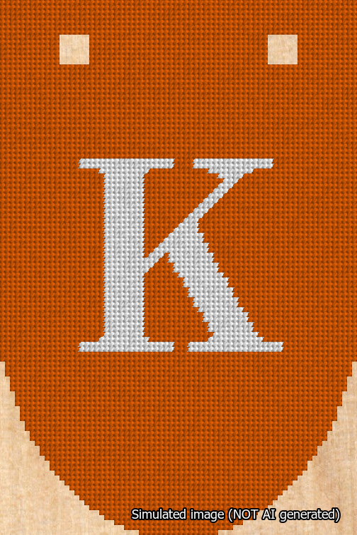 A simulated image of the stitched needlepoint design: Banner 18m Rounded K White on Orange. Not A.I. generated.