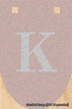 A simulated image of the stitched needlepoint design: Banner 18m Rounded K White on Pink. Not A.I. generated.