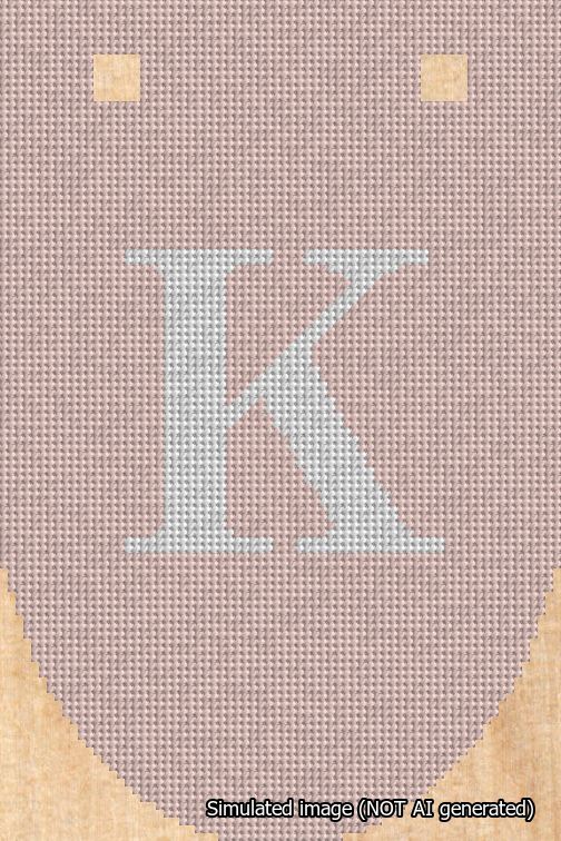 A simulated image of the stitched needlepoint design: Banner 18m Rounded K White on Pink. Not A.I. generated.
