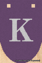 A simulated image of the stitched needlepoint design: Banner 18m Rounded K White on Purple. Not A.I. generated.