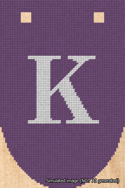 A simulated image of the stitched needlepoint design: Banner 18m Rounded K White on Purple. Not A.I. generated.