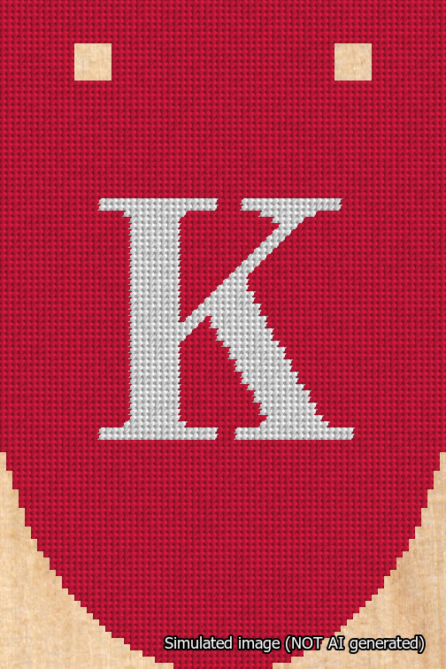 A simulated image of the stitched needlepoint design: Banner 18m Rounded K White on Red. Not A.I. generated.