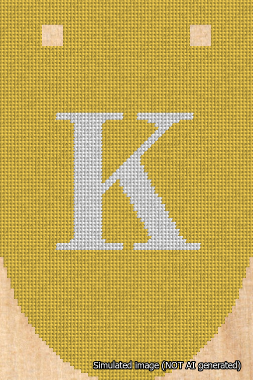A simulated image of the stitched needlepoint design: Banner 18m Rounded K White on Yellow. Not A.I. generated.