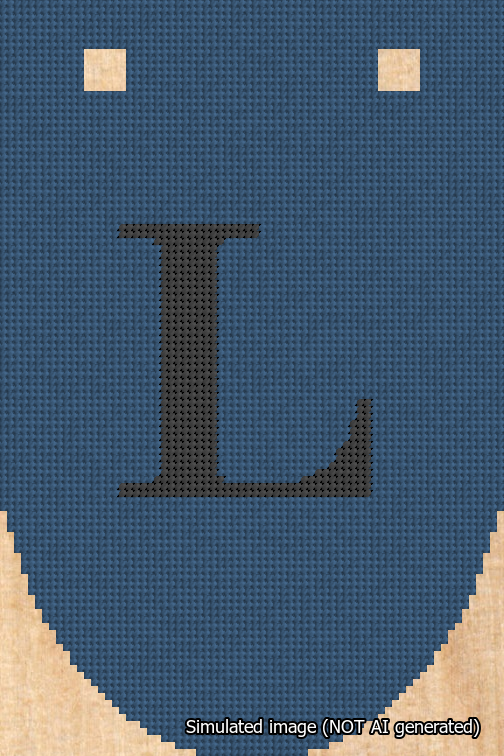 A simulated image of the stitched needlepoint design: Banner 18m Rounded L Black on Blue. Not A.I. generated.