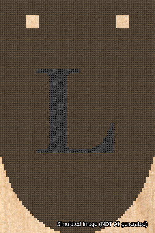 A simulated image of the stitched needlepoint design: Banner 18m Rounded L Black on Brown. Not A.I. generated.