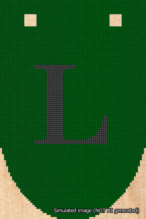A simulated image of the stitched needlepoint design: Banner 18m Rounded L Black on Green. Not A.I. generated.