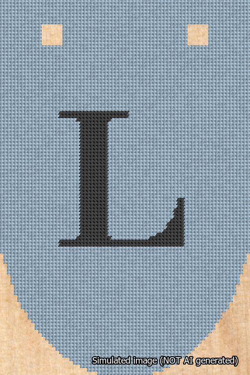 A simulated image of the stitched needlepoint design: Banner 18m Rounded L Black on Light Blue. Not A.I. generated.