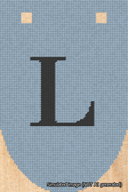 A simulated image of the stitched needlepoint design: Banner 18m Rounded L Black on Light Blue. Not A.I. generated.