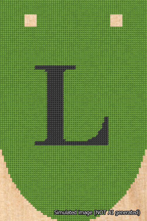 A simulated image of the stitched needlepoint design: Banner 18m Rounded L Black on Light Green. Not A.I. generated.