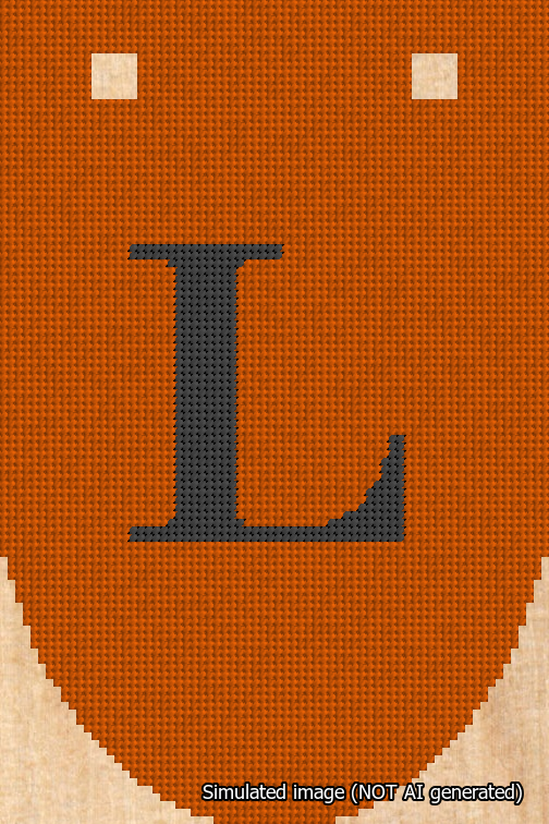 A simulated image of the stitched needlepoint design: Banner 18m Rounded L Black on Orange. Not A.I. generated.