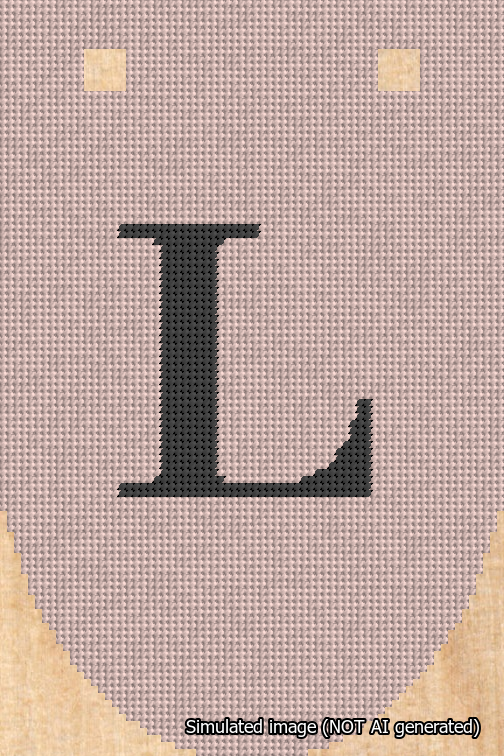 A simulated image of the stitched needlepoint design: Banner 18m Rounded L Black on Pink. Not A.I. generated.
